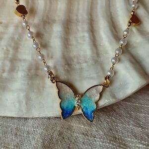 White Blue Gold Butterfly Necklace